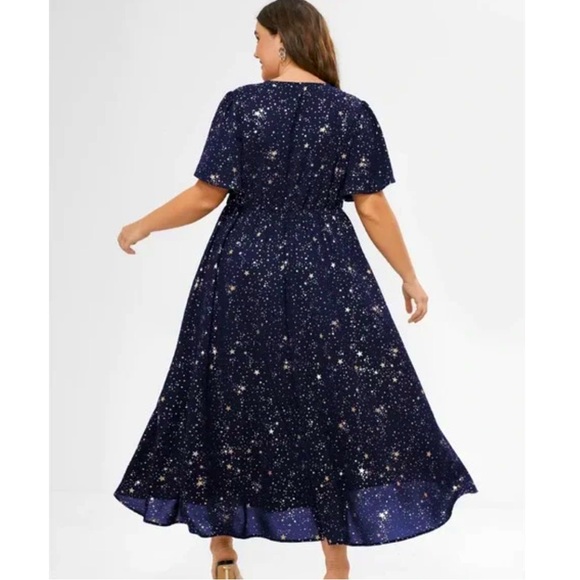Bloomchic Navy and Gold Stars Flutter Sleeve Maxi Dress w Pockets Size 30 NWT - Picture 3 of 12